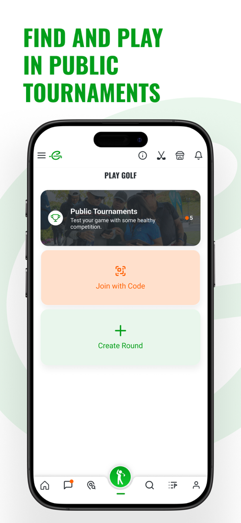 OnlyGolfers App - OnlyGolfers App interface showing options to find and play in public tournaments or create a golf round