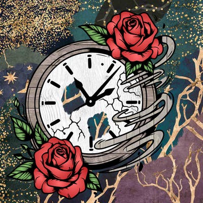 a realistic the clock that appears to be fading away with wilting roses
