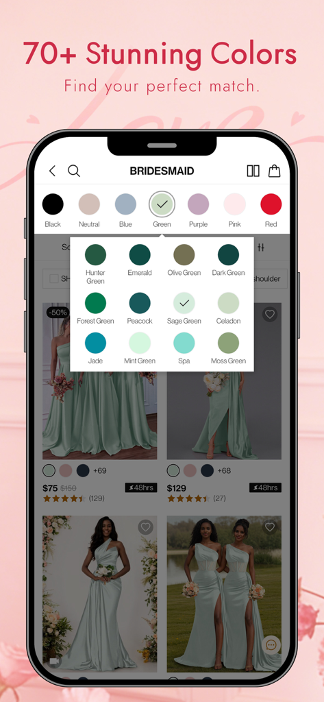Écran de smartphone montrant l'interface de l'application MISSACC avec une sélection de plus de 70 couleurs pour les robes de demoiselles d'honneur, y compris plusieurs nuances de vert