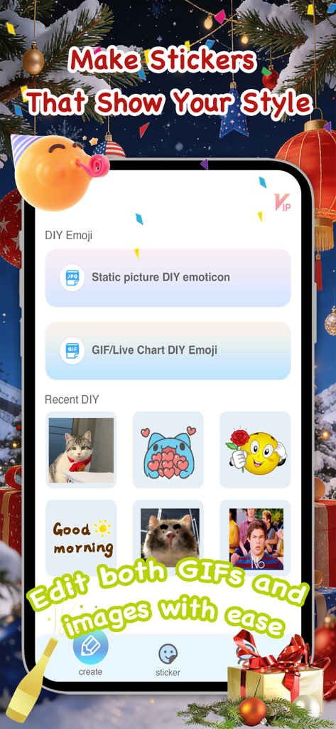 Meme Maker Pro-Stickers&Emoji - Interface of the Meme Maker Pro app showing options to create custom DIY emojis from static pictures and GIFs.