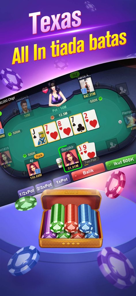Poker Online: Texas Holdem - Interface de jeu de poker Texas Holdem montrant des joueurs à une table et une boîte de jetons colorés