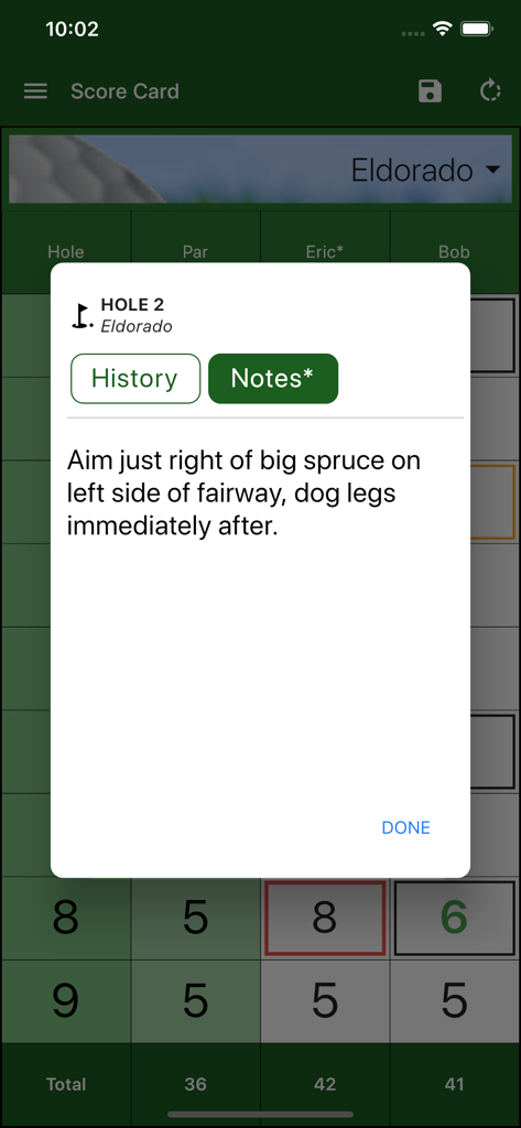 Screenshot of the EasyScore Golf Scorecard app showing strategic notes and hints for a specific golf hole.
