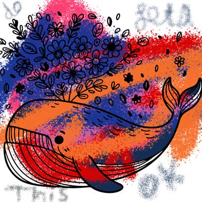 a whale with flowers falling