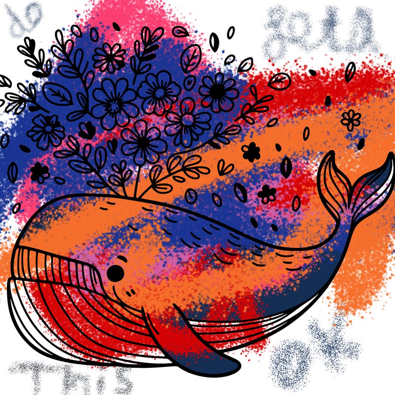 a whale with flowers falling
