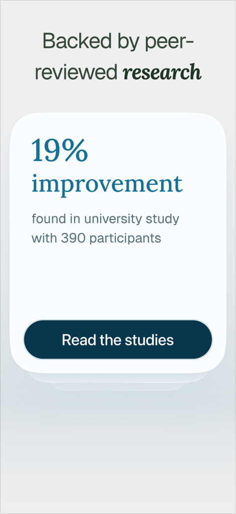 Elomia: Mental Health AI - A screenshot of the Elomia app showing research results of a 19 percent improvement found in a university study with 390 participants