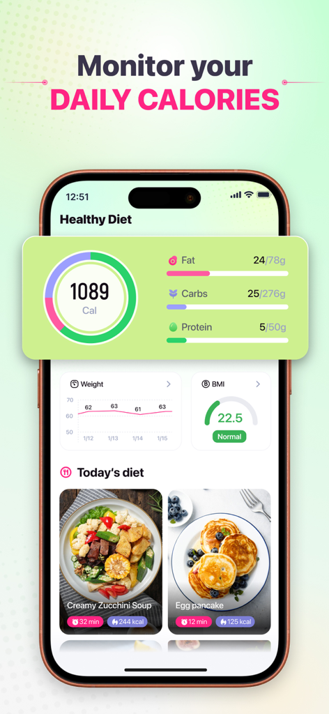 Health Monitor: Heart Rate - Tela do aplicativo Monitor de Saúde mostrando desglose de calorias diárias, macronutrientes, gráfico de peso e receitas saudáveis
