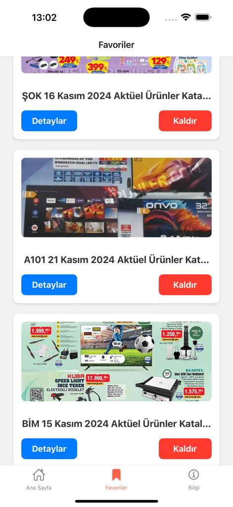BIM、A101、SOKを含むトルコのスーパーマーケットからのお気に入りのショッピングカタログが表示されたモバイルアプリインターフェース。詳細を表示したり削除したりするオプションがあります。