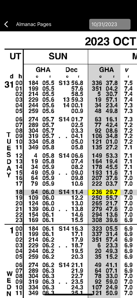 EZ Nautical Almanac - Eine digitale Tabelle des nautischen Almanachs, die astronomische Daten für Oktober 2023 mit einer hervorgehobenen Zeile anzeigt