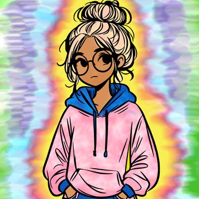 teen girl with a messy bun and glasses wearing a loose hoodie and jeans