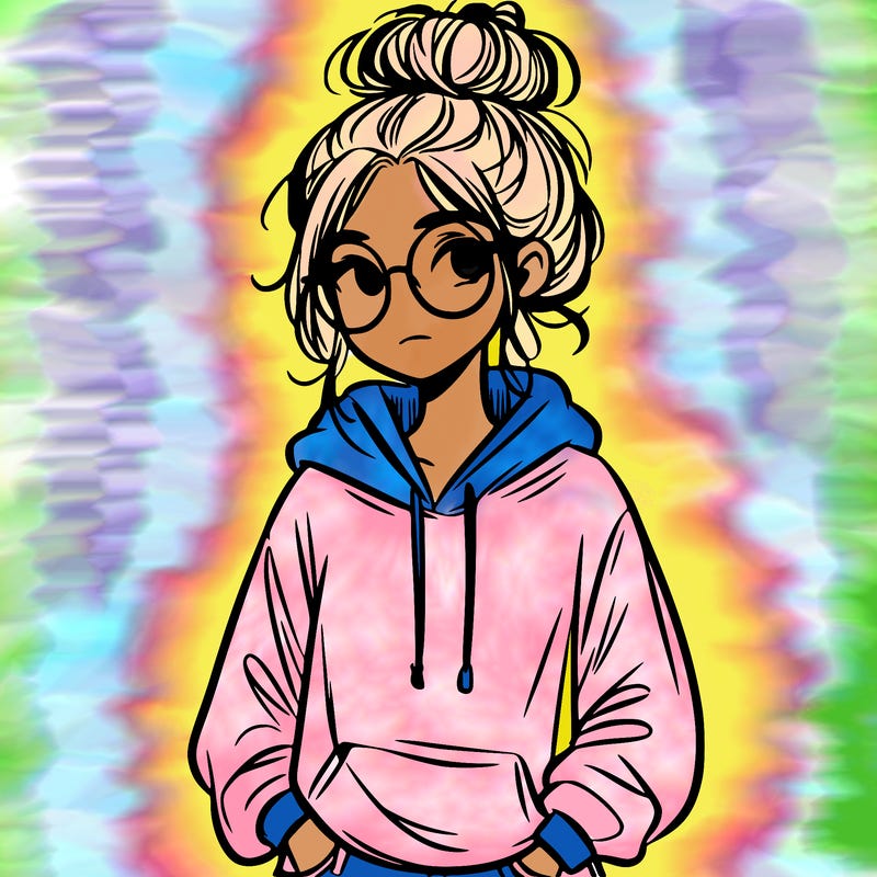 teen girl with a messy bun and glasses wearing a loose hoodie and jeans