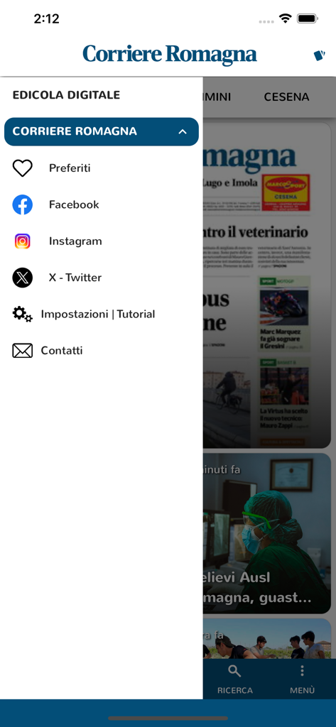Corriere Romagna Digital - Side menu of the Corriere Romagna Digital news app showing navigation options and social media links