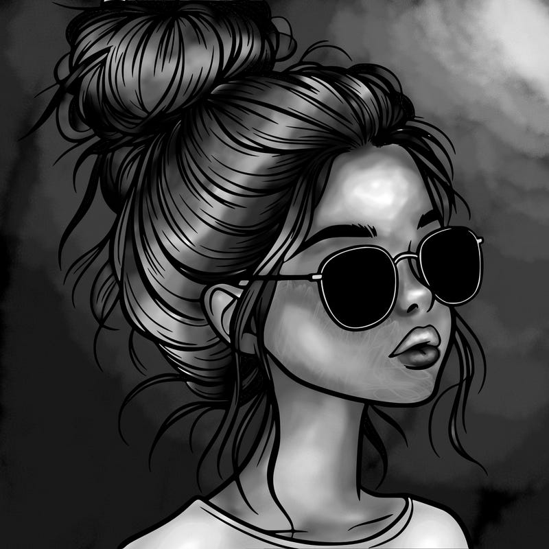 a realistic looking girl with sunglasses and a high messy bun