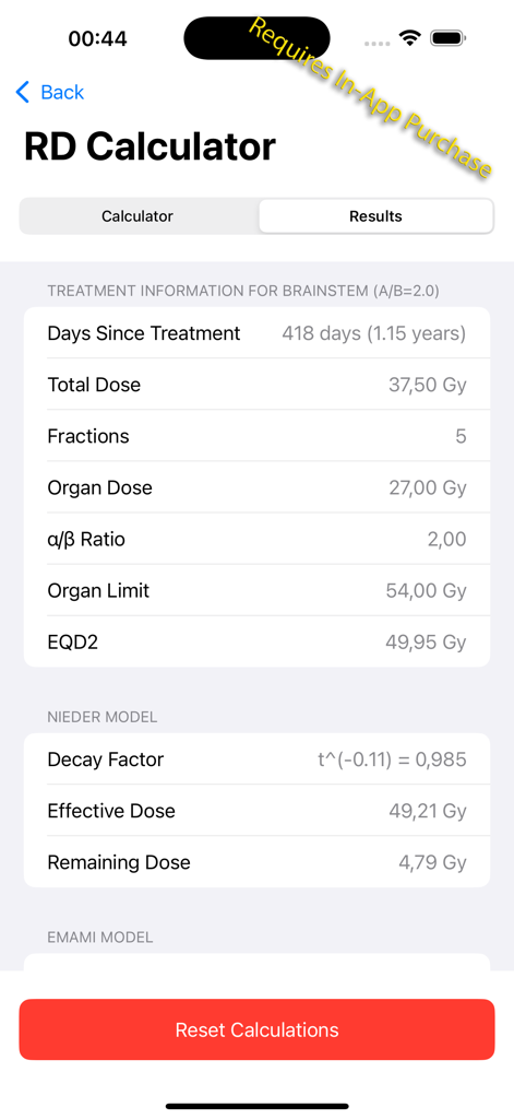 Radiotherapy Tools app RD Calculator interface showing radiation dose results and Nieder model calculations for treatment planning