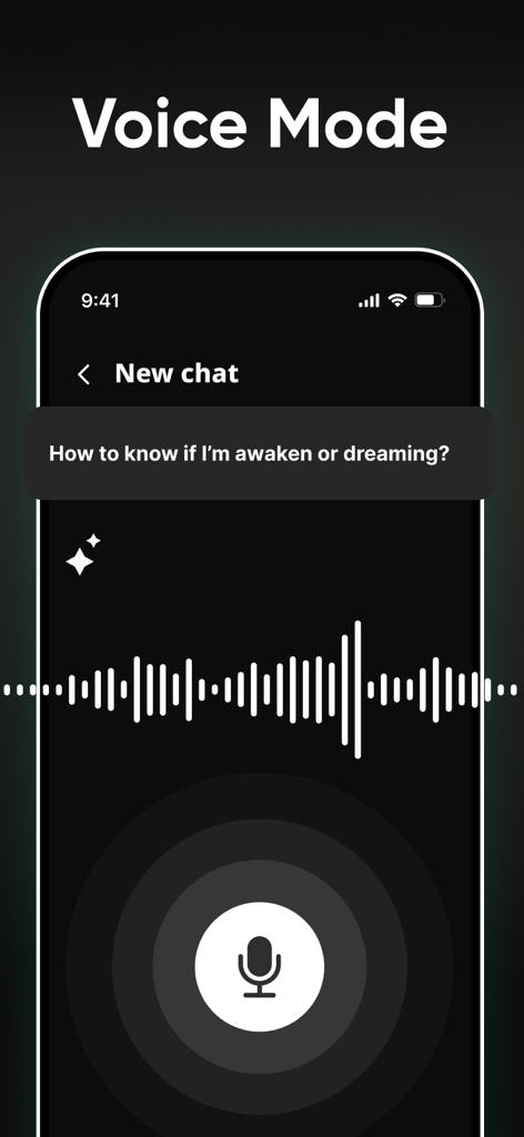 AI assistant app screen showing voice mode with a microphone button and audio waveform