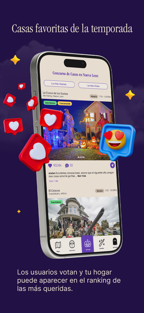 Dulce Halloween - iPhone screen showing the Dulce Halloween app feed with top-rated decorated houses and interactive social likes.