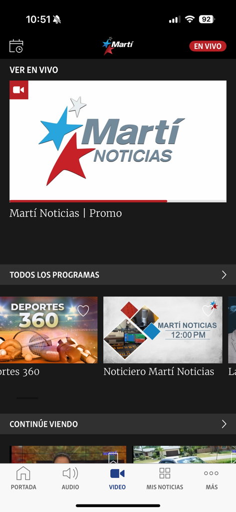 A interface do aplicativo Rádio Televisão Martí mostrando vídeo de notícias ao vivo e categorias de programas em espanhol.