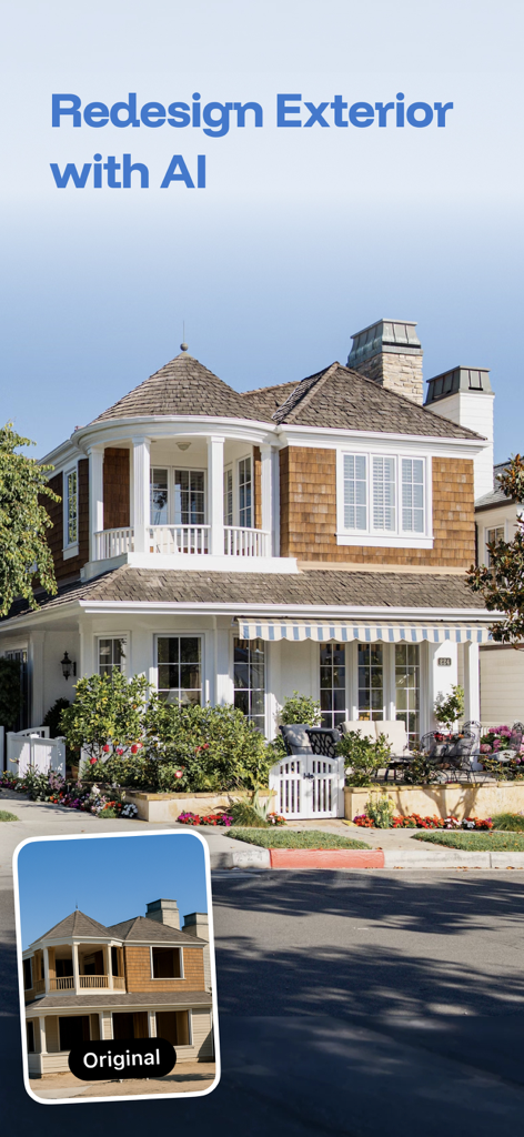 AI powered home exterior redesign showing a before and after comparison of a house renovation