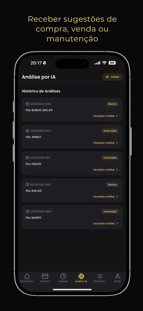 Renda Fiis: Fundos Imobiliário - A screenshot of the Renda Fiis app interface showing the AI analysis history for Brazilian real estate investment funds with buy sell and hold suggestions