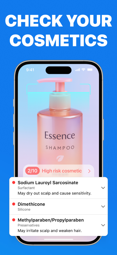 QR Code Reader & Barcode Maker - A smartphone app screen scanning a shampoo bottle to analyze cosmetic ingredients and identify high risk substances