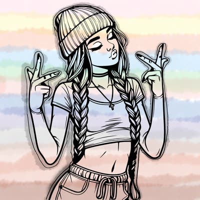 realistic teenage girl with braids and a beanie and crop top doing 🫶🏼