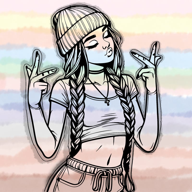 realistic teenage girl with braids and a beanie and crop top doing 🫶🏼
