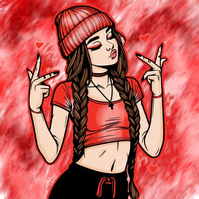 realistic teenage girl with braids and a beanie and crop top doing 🫶🏼