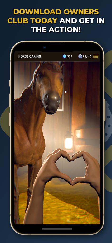 Owners Club 경마 게임 인터페이스에서 하트 모양을 만드는 손과 마구간에 있는 3D 갈색 말.