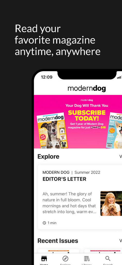 Modern Dog - Mobile interface of the Modern Dog magazine app featuring articles and subscription offers