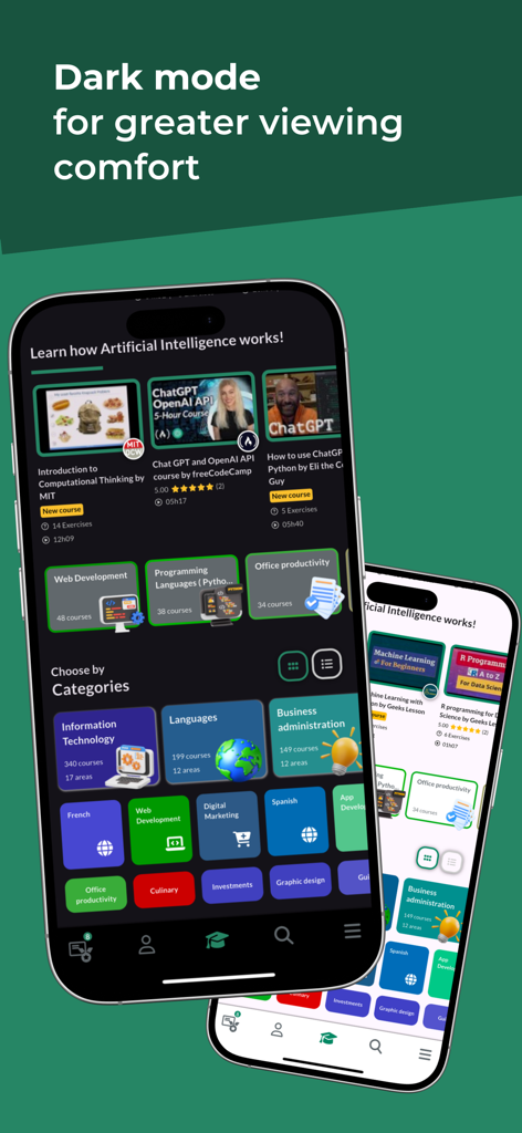Interface of Cursa app in dark mode showing free course categories for mobile learning