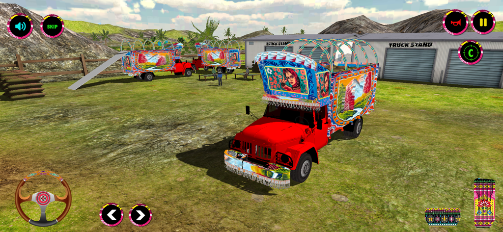City Truck Offroad Games 3D - A red truck decorated with traditional Indian art in a 3D offroad simulation game environment.