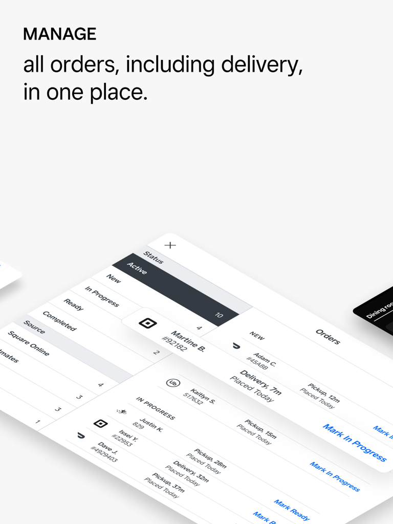 Square - Restaurants POS - Interface do PDV Square para Restaurantes exibindo uma lista unificada de pedidos ativos de entrega e retirada