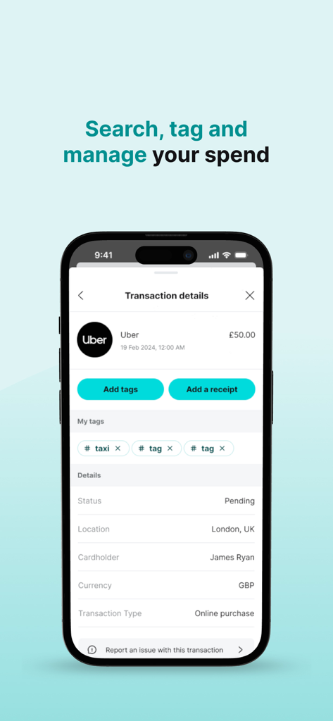 Jaja Credit Card - Écran de l'application Carte de crédit Jaja affichant les détails de la transaction pour un achat Uber avec des options pour ajouter des tags et des reçus