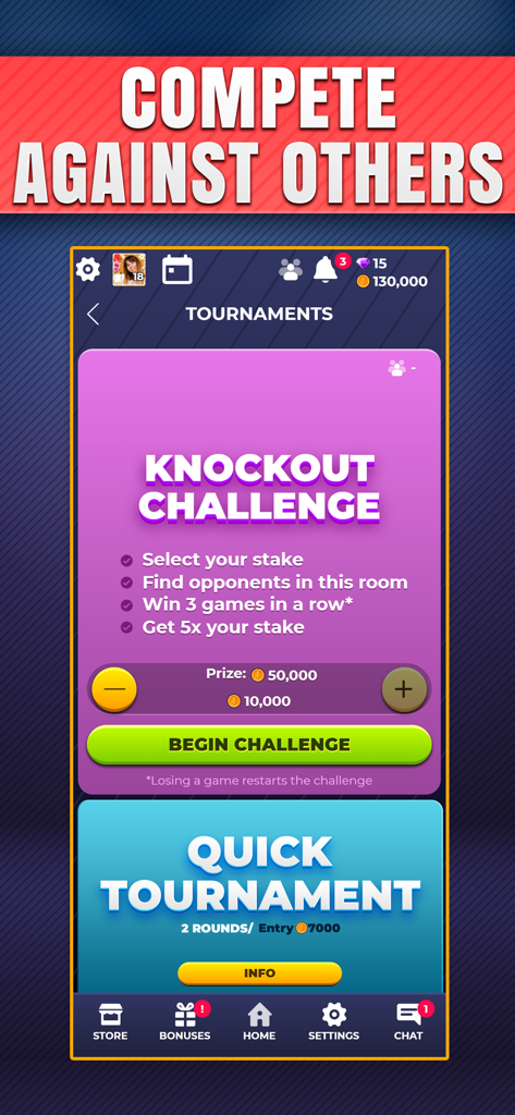 Mobile screen for Euchre online showing knockout challenge tournament rules and prizes.