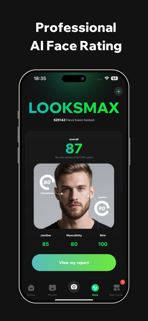 AnimalFace - looksmax ai score - Mobile app interface showing professional AI face rating and looksmax score with detailed facial feature analysis