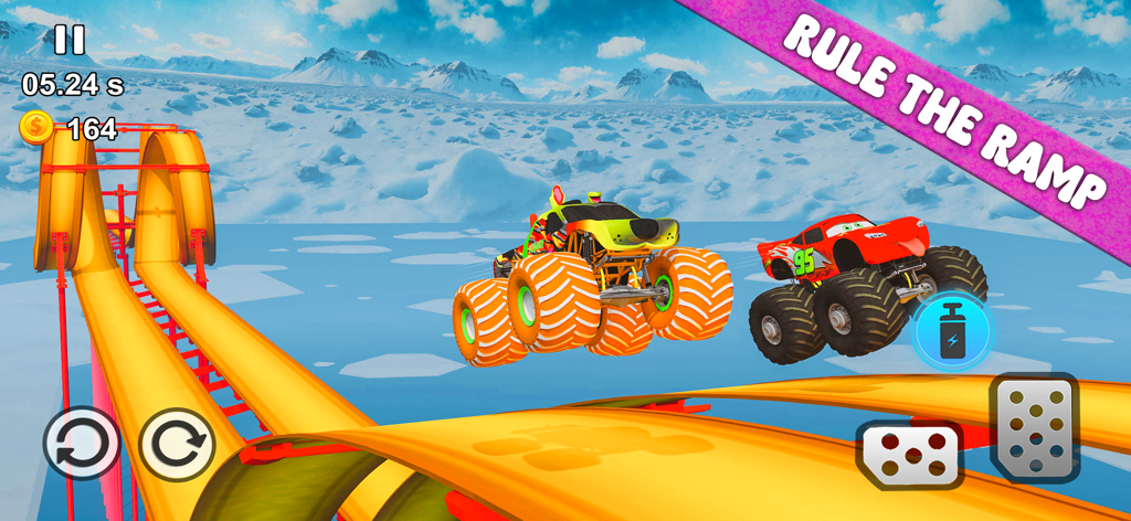 Monster Truck+ : Race Off Ramp - Two monster trucks jumping off a yellow mega ramp in a snowy environment