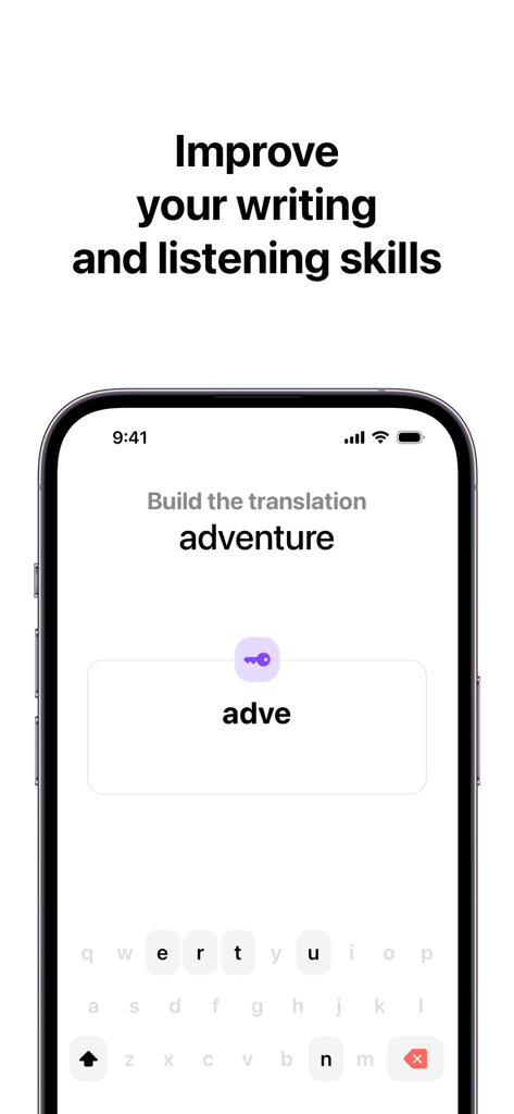 Excellent English - Excellent English app interface showing a writing and listening exercise for the word adventure.
