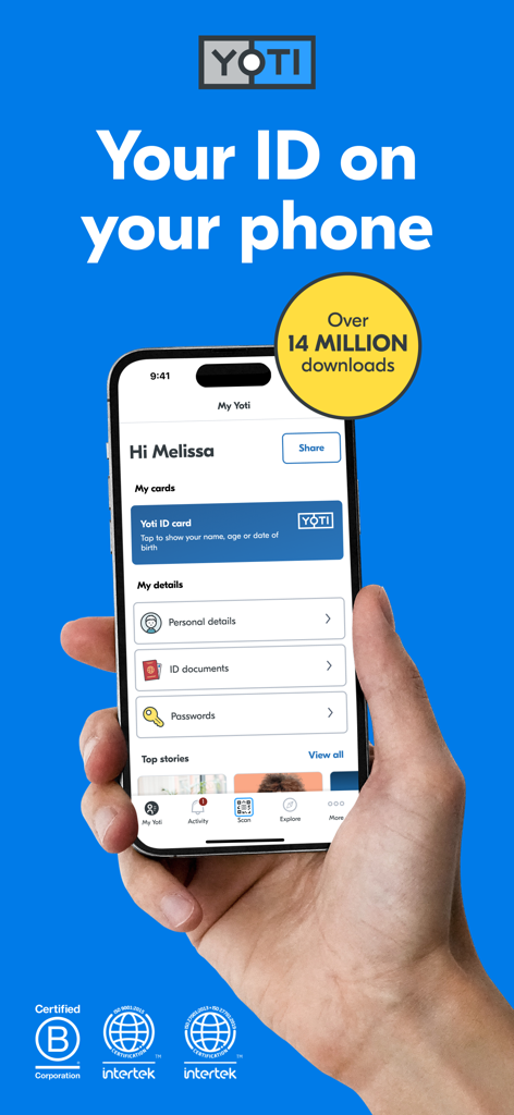 Yoti - Your digital identity - Écran de smartphone affichant le tableau de bord de l'application d'identité numérique Yoti avec les documents d'identité et les informations personnelles.