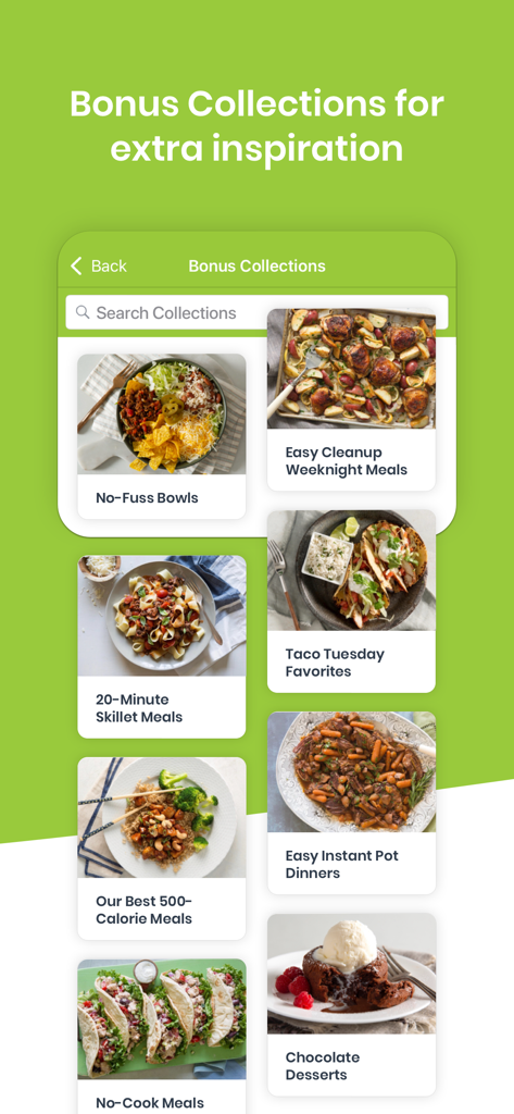 eMeals - Healthy Meal Plans - Tela de coleções bônus do aplicativo eMeals com várias categorias de receitas saudáveis