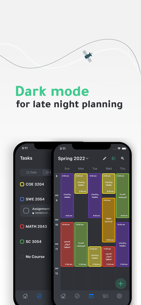 Khotta AI mobile app showing a colorful weekly class schedule and task list in dark mode
