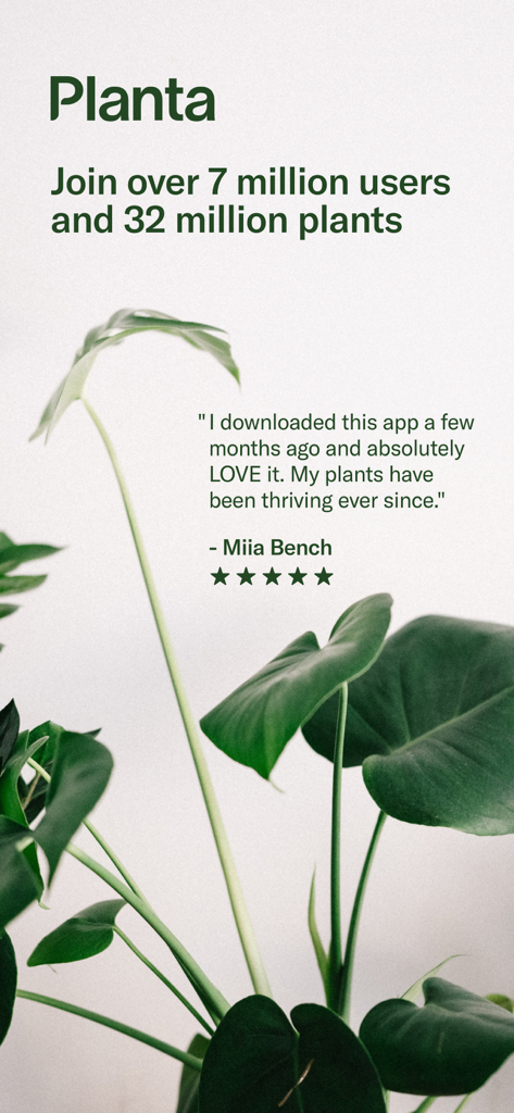 Planta: Plant & Garden Care - Screenshot of the Planta app featuring a 5-star user testimonial and a milestone of over 7 million users.