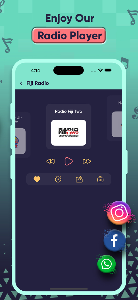 Fiji Radio - All FIji Live FM - Smartphone displaying the Fiji Radio app player interface featuring Radio Fiji Two with playback controls and social media icons