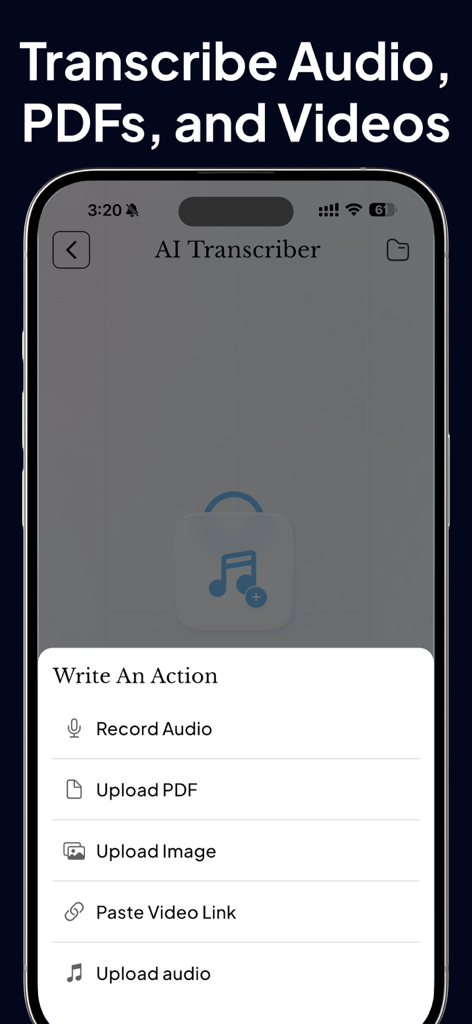 Gamma App - Presentation Maker - Interface of the Mega AI app showing the transcription tool with options to record audio and upload documents or video links