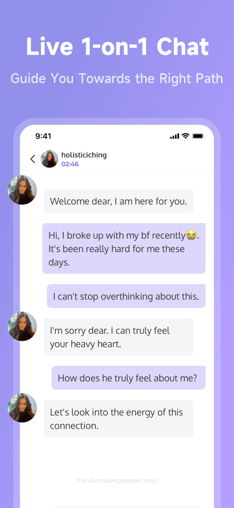Soulight-Online Psychic Advice - Capture d'écran de l'application Soulight montrant un chat individuel en direct entre un utilisateur et un conseiller psychique fournissant des conseils spirituels et un soutien émotionnel.