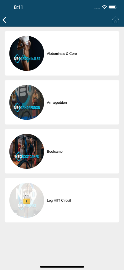NeoFit - NeoFit app screen displaying workout program categories including Abdominals and Core Armageddon and Bootcamp