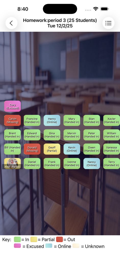 Seating chart interface for tracking student homework status with color coded labels.