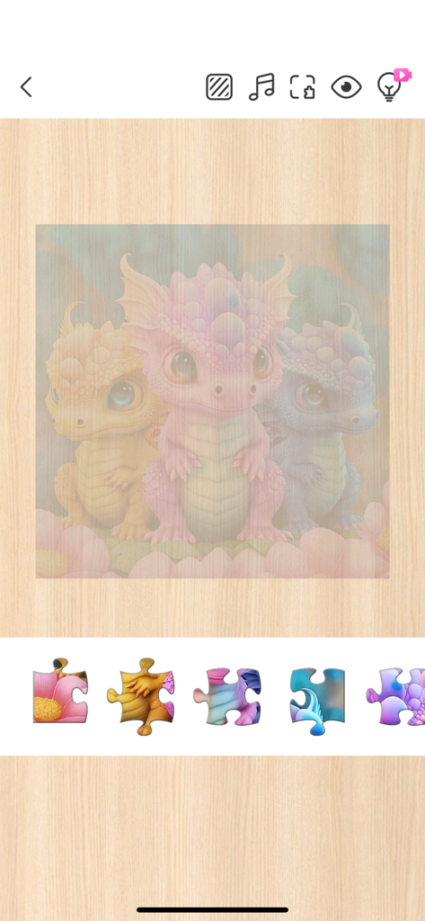 Art Puzzle Master：Jigsaw Game - Digital jigsaw puzzle game interface with three baby dragons and loose puzzle pieces