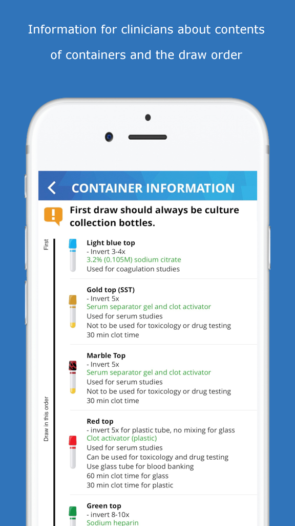 Lab Values Medical Reference - Tela mostrando informações do recipiente de laboratório médico e guia de ordem de coleta de sangue para clínicos.