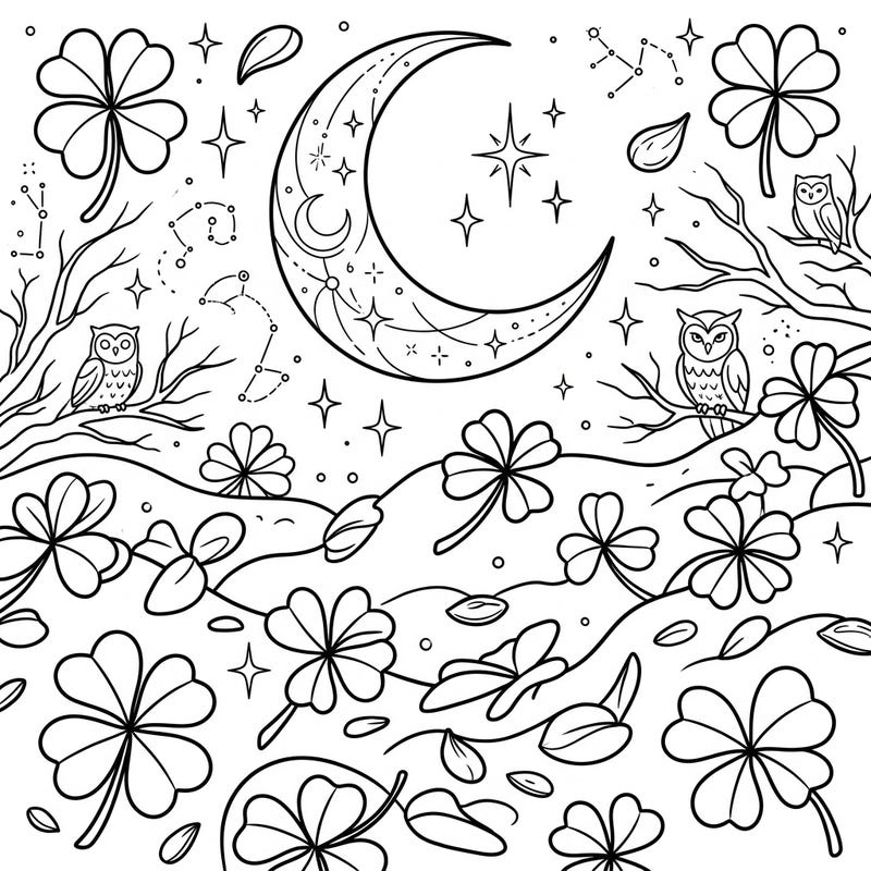 Immerse yourself in a serene nocturnal landscape featuring scattered shamrocks under a luminous crescent moon. This captivating coloring page also includes wise owls perched on branches, perfect for a relaxing creative escape.