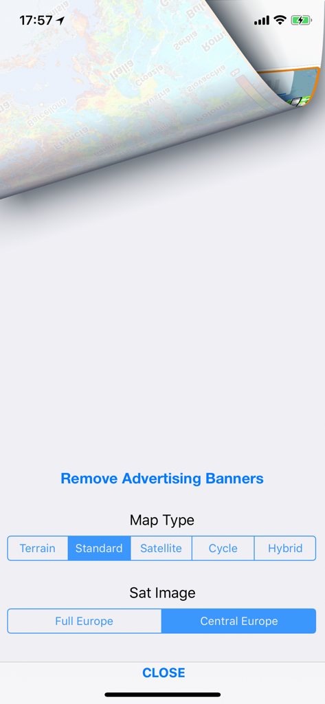 Meteo Sat - Settings menu of the Meteo Sat app for selecting map types and satellite coverage regions in Europe