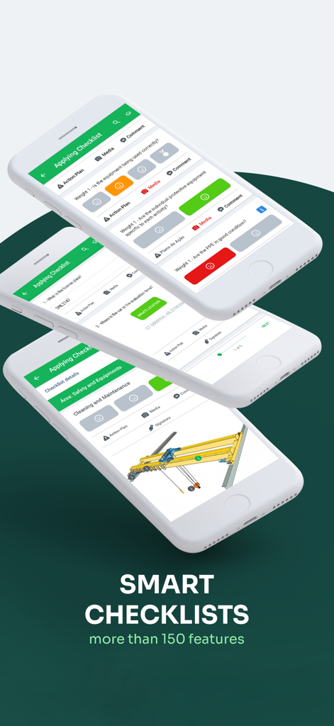 Three smartphones displaying the Checklist Facil app interface for professional audits and compliance checks